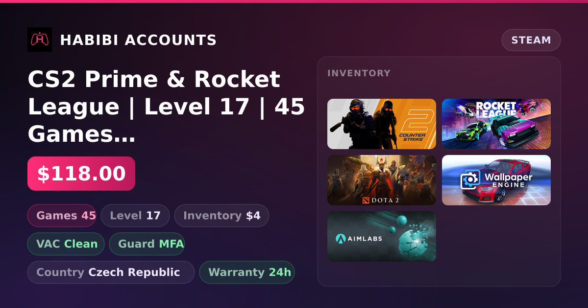 CS2 Prime & Rocket League | Level 17 | 45 Games | Clean — HabibiAccounts