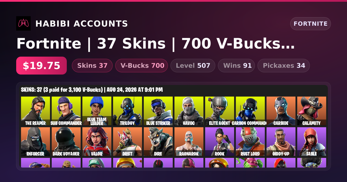 Fortnite | 37 Skins | 700 V-Bucks | Level 507 | 91 Wins — HabibiAccounts