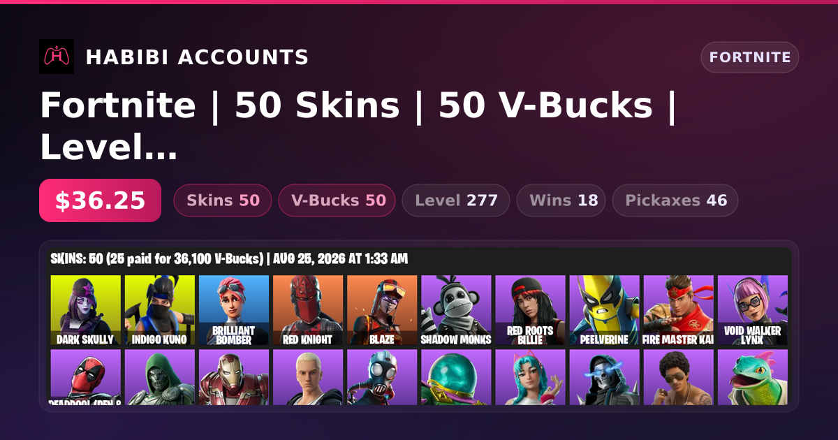 Fortnite | 50 Skins | 50 V-Bucks | Level 277 | 18 Wins