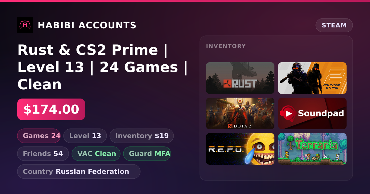 Rust & CS2 Prime | Level 13 | 24 Games | Clean