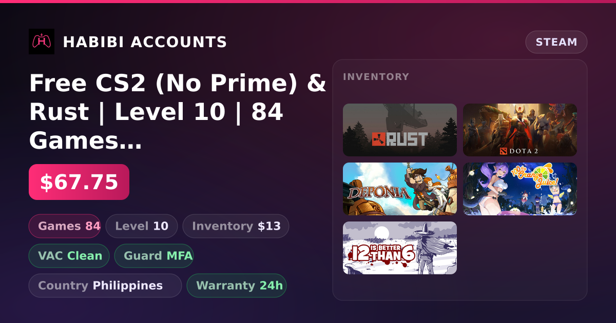 Free CS2 (No Prime) & Rust | Level 10 | 84 Games | Clean