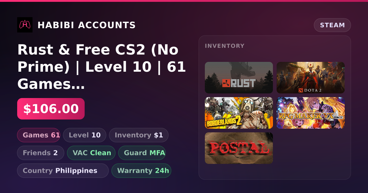 Rust & Free CS2 (No Prime) | Level 10 | 61 Games | Clean — HabibiAccounts