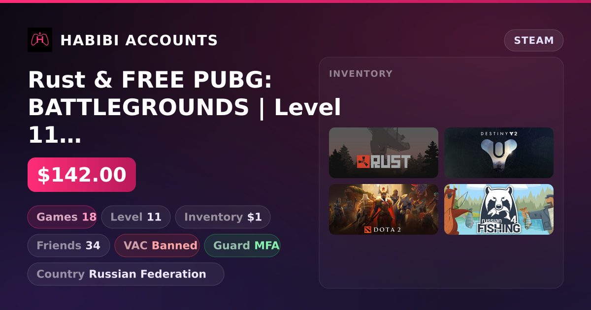 Rust & FREE PUBG: BATTLEGROUNDS | Level 11 | 18 Games | Has VAC — HabibiAccounts