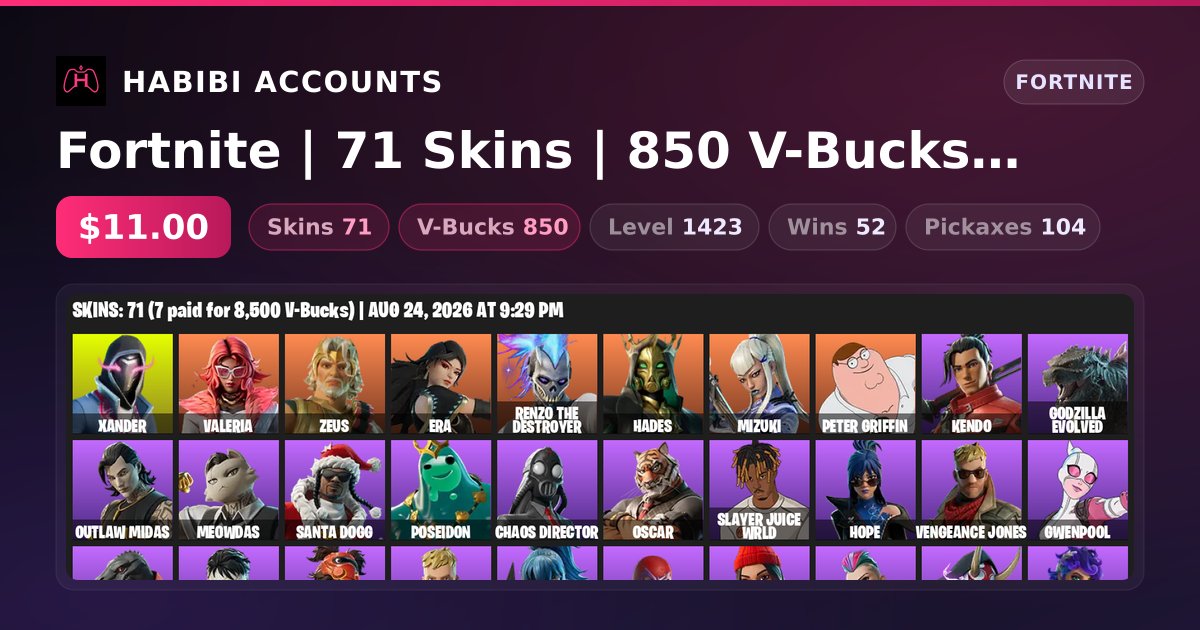 Fortnite | 71 Skins | 850 V-Bucks | Level 1423 | 52 Wins — HabibiAccounts