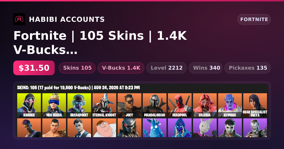Fortnite | 105 Skins | 1.4K V-Bucks | Level 2212 | 340 Wins — HabibiAccounts