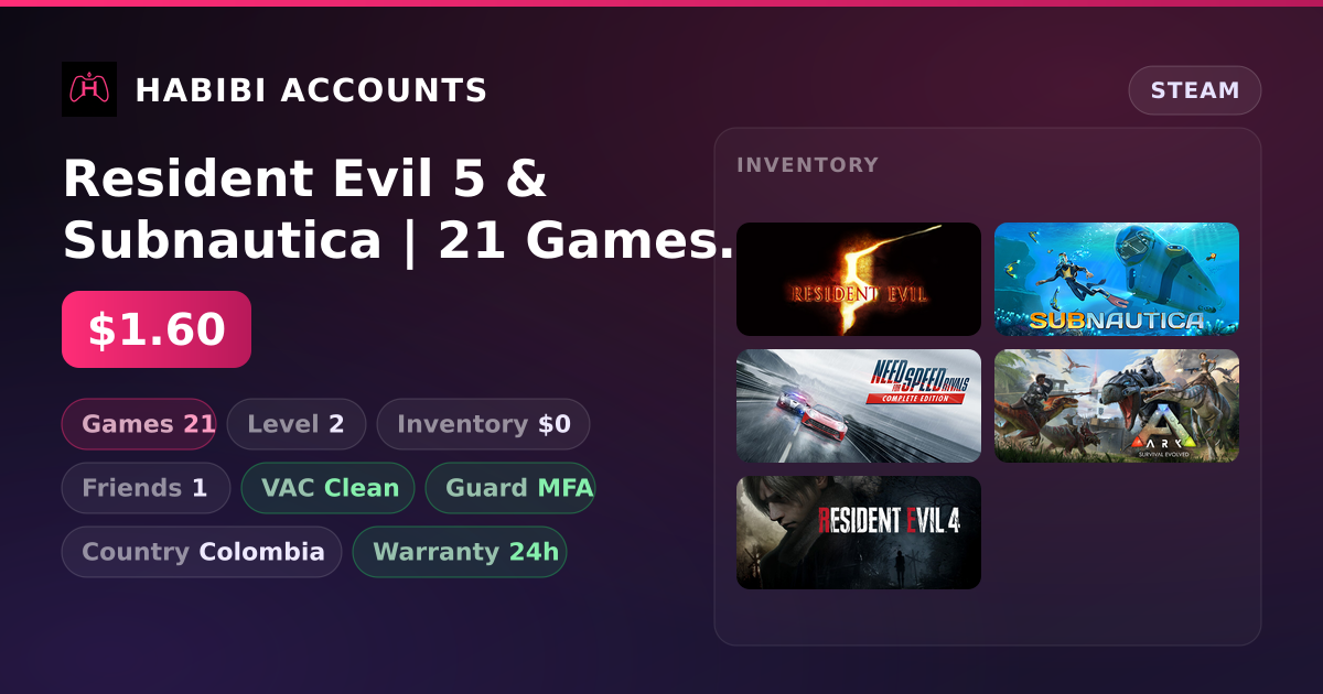 Resident Evil 5 & Subnautica | 21 Games | Clean — HabibiAccounts
