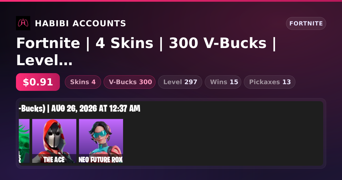Fortnite | 4 Skins | 300 V-Bucks | Level 297 | 15 Wins — HabibiAccounts