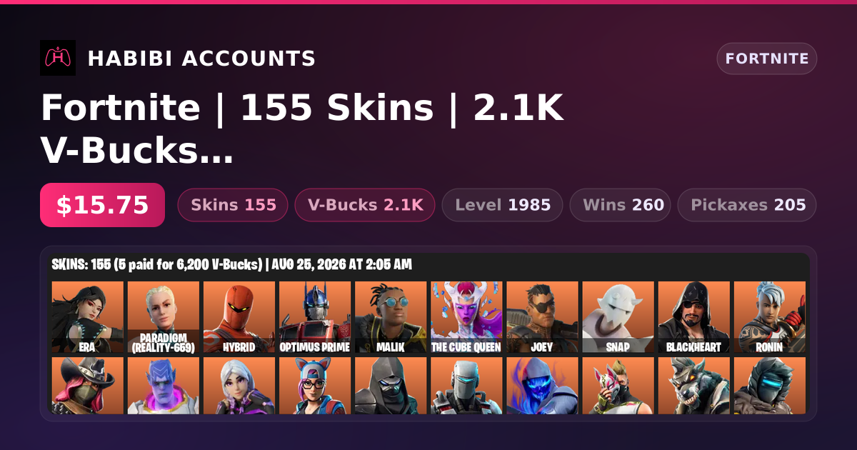 Fortnite | 155 Skins | 2.1K V-Bucks | Level 1985 | 260 Wins