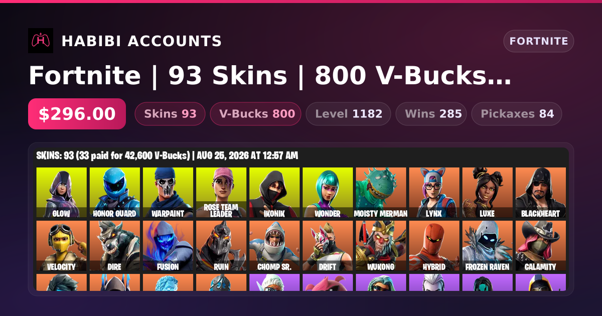 Fortnite | 93 Skins | 800 V-Bucks | Level 1182 | 285 Wins — HabibiAccounts