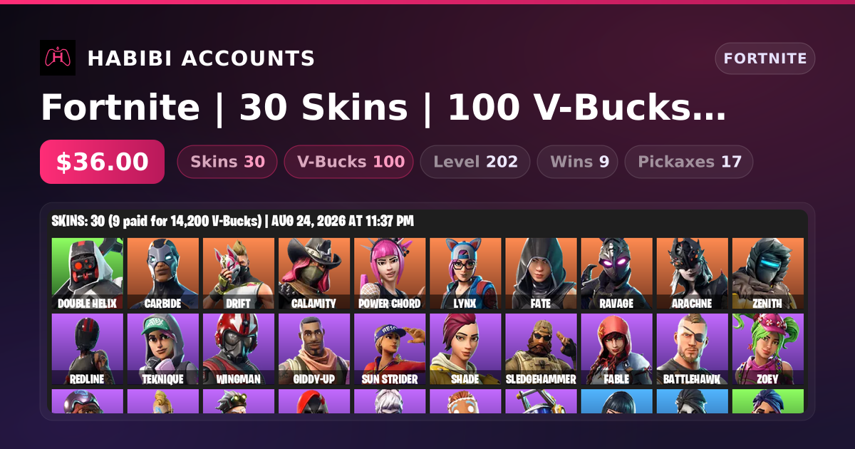 Fortnite | 30 Skins | 100 V-Bucks | Level 202 | 9 Wins — HabibiAccounts