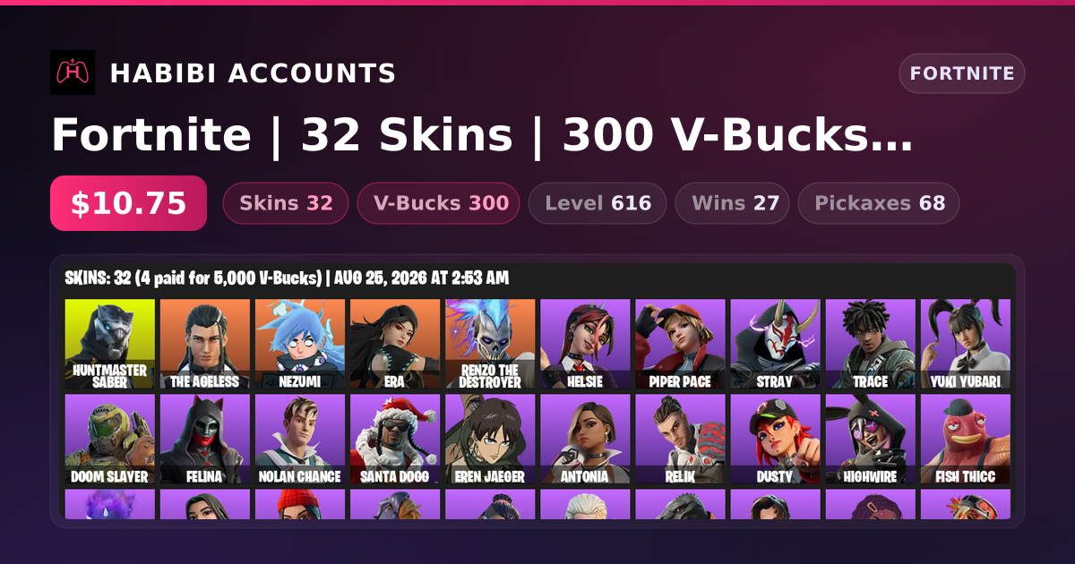 Fortnite | 32 Skins | 300 V-Bucks | Level 616 | 27 Wins — HabibiAccounts