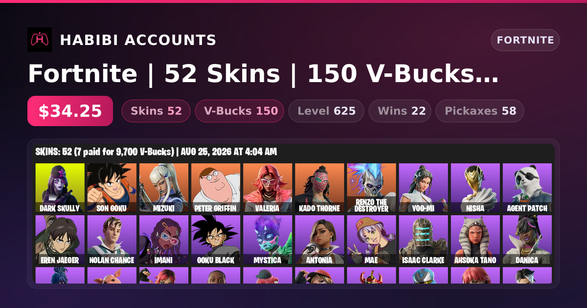 Fortnite | 52 Skins | 150 V-Bucks | Level 625 | 22 Wins