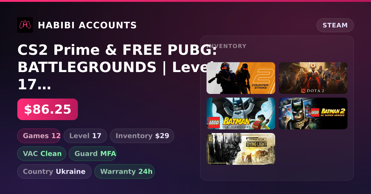 CS2 Prime & FREE PUBG: BATTLEGROUNDS | Level 17 | 12 Games | Clean