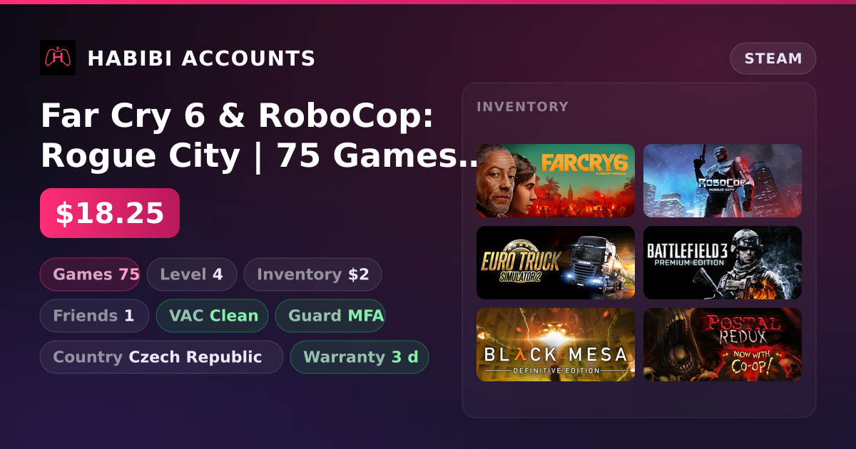 Far Cry 6 & RoboCop: Rogue City | 75 Games | Clean — HabibiAccounts
