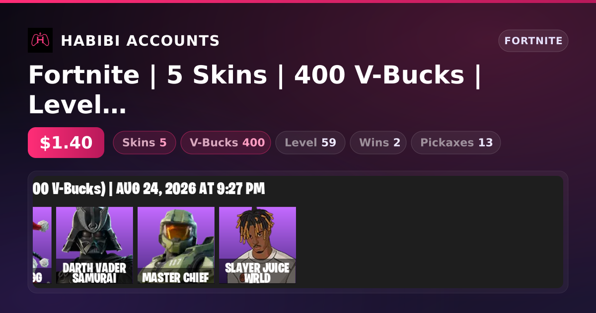 Fortnite | 5 Skins | 400 V-Bucks | Level 59 | 2 Wins — HabibiAccounts
