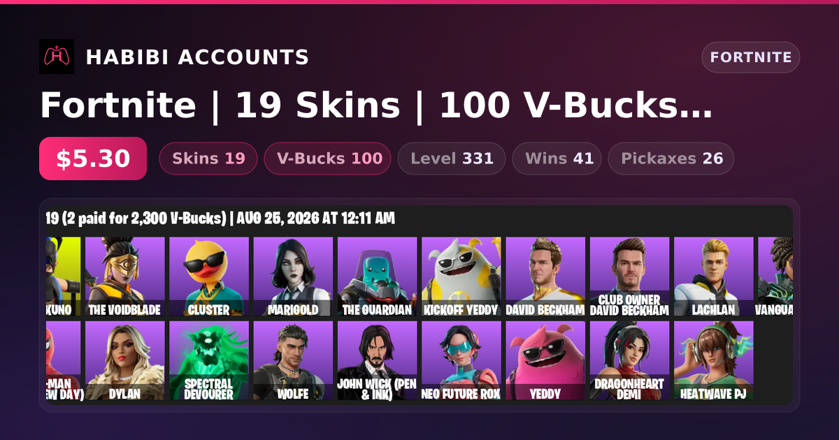 Fortnite | 19 Skins | 100 V-Bucks | Level 331 | 41 Wins — HabibiAccounts