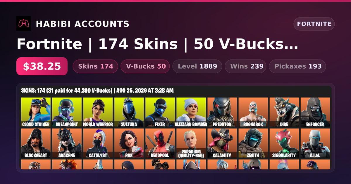 Fortnite | 174 Skins | 50 V-Bucks | Level 1889 | 239 Wins