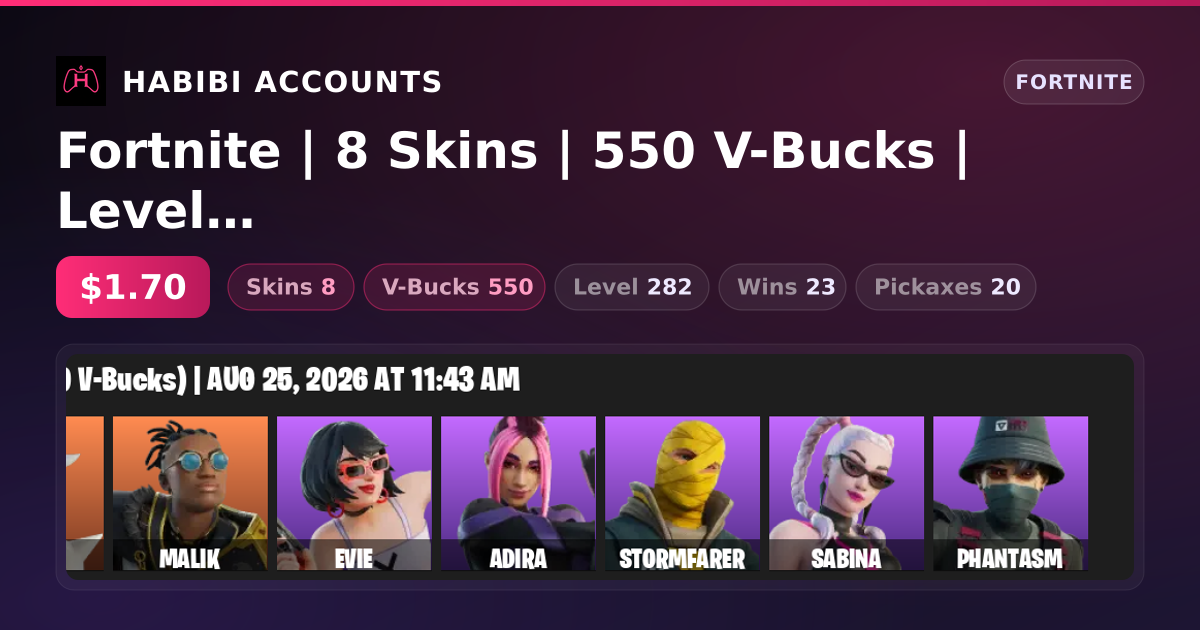 Fortnite | 8 Skins | 550 V-Bucks | Level 282 | 23 Wins — HabibiAccounts