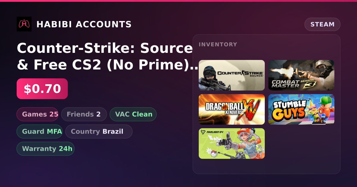 Counter-Strike: Source & Free CS2 (No Prime) | 25 Games | Clean — HabibiAccounts