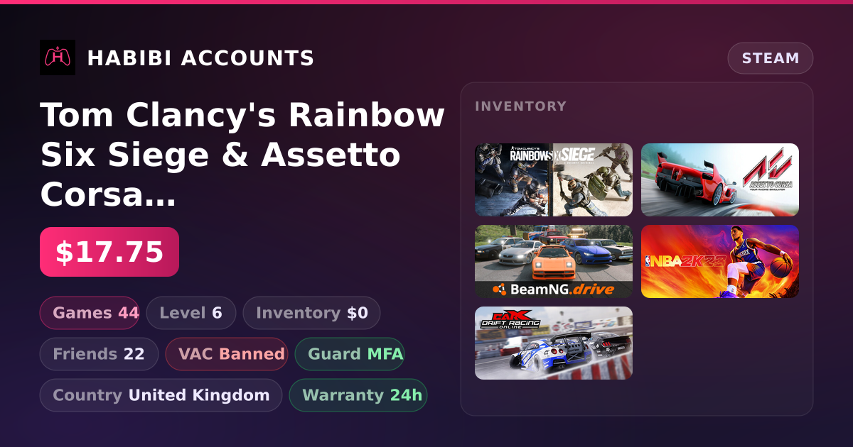 Tom Clancy's Rainbow Six Siege & Assetto Corsa | 44 Games | Has VAC — HabibiAccounts