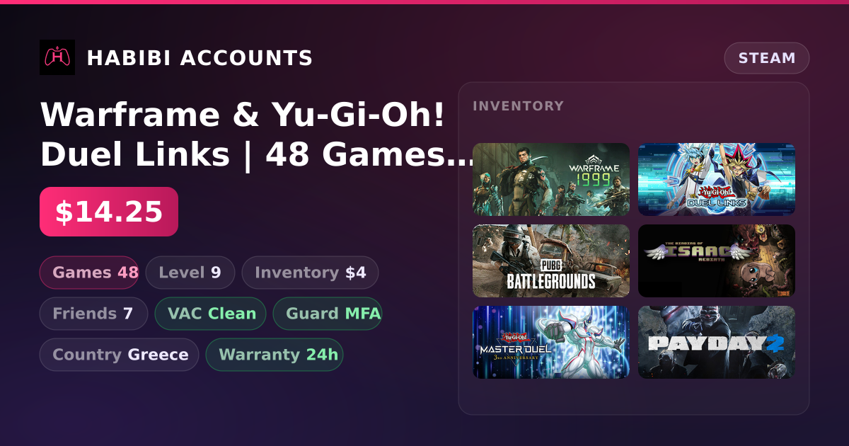 Warframe & Yu-Gi-Oh! Duel Links | 48 Games | Clean — HabibiAccounts