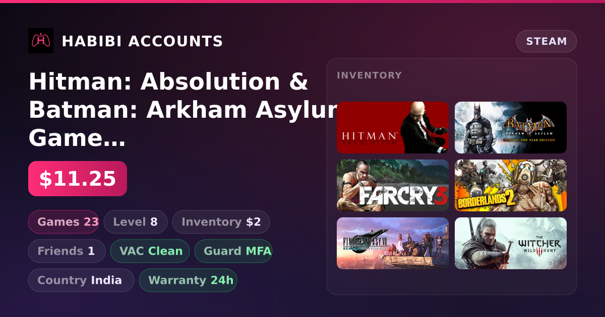 Hitman: Absolution & Batman: Arkham Asylum Game of the Year Edition | 23 Games | Clean — HabibiAccounts