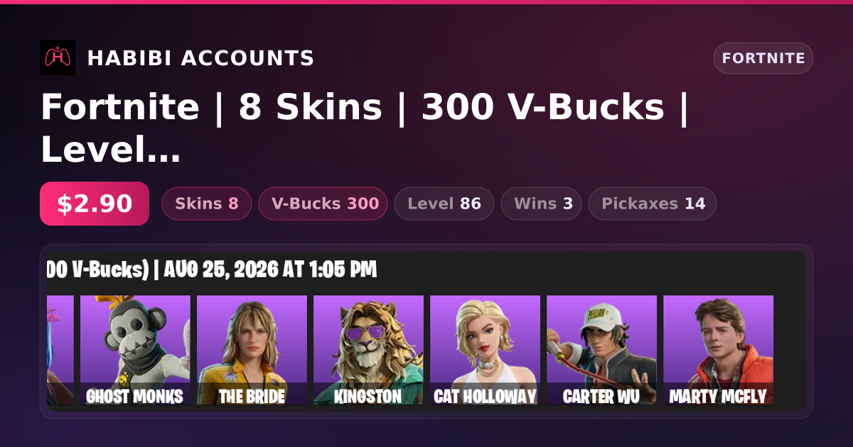Fortnite | 8 Skins | 300 V-Bucks | Level 86 | 3 Wins — HabibiAccounts