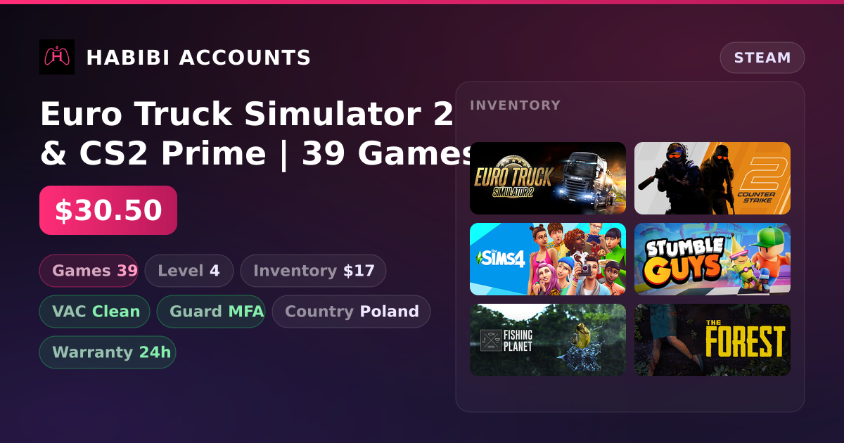 Euro Truck Simulator 2 & CS2 Prime | 39 Games | Clean