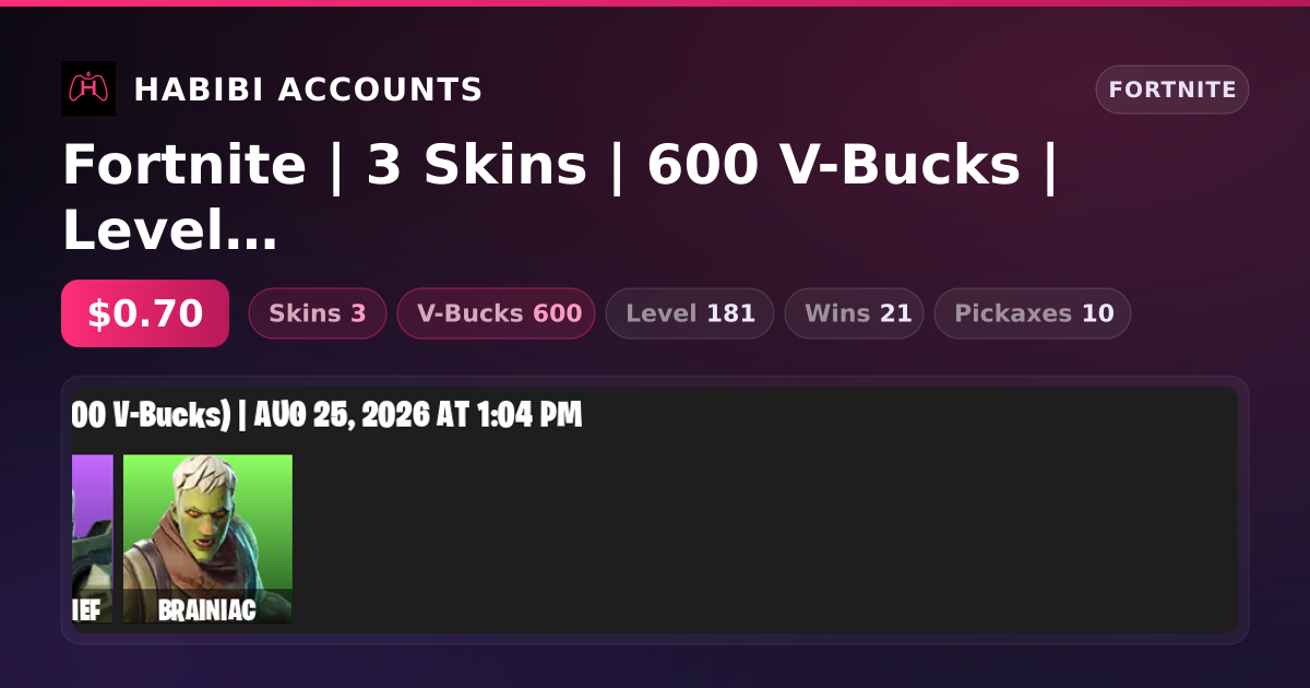 Fortnite | 3 Skins | 600 V-Bucks | Level 181 | 21 Wins — HabibiAccounts