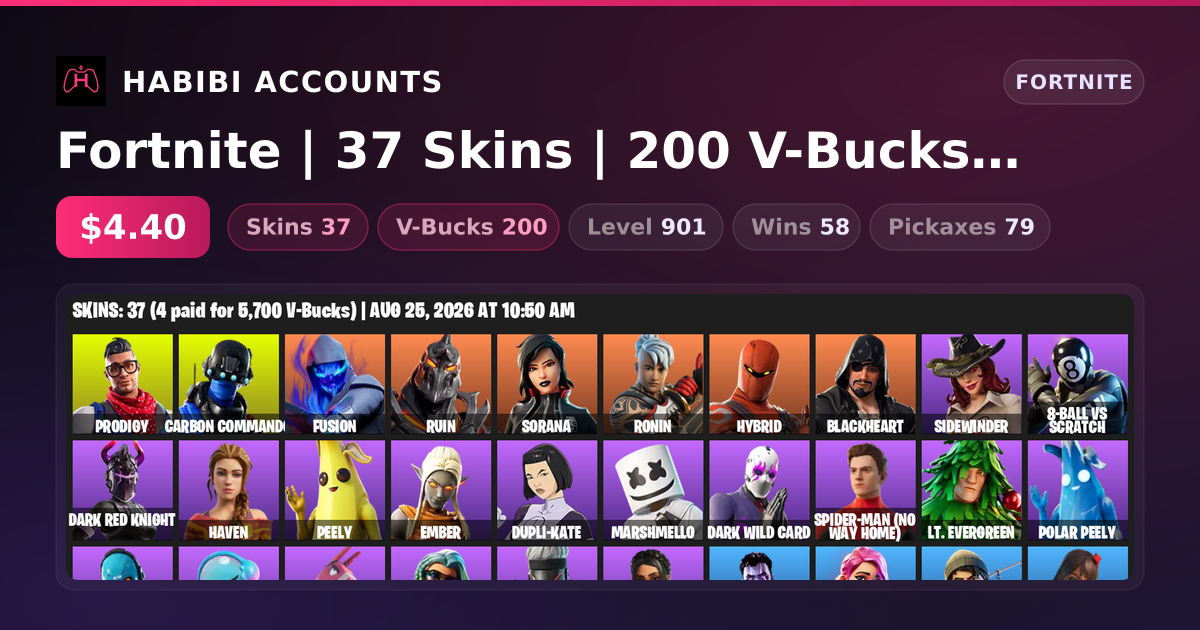 Fortnite | 37 Skins | 200 V-Bucks | Level 901 | 58 Wins — HabibiAccounts