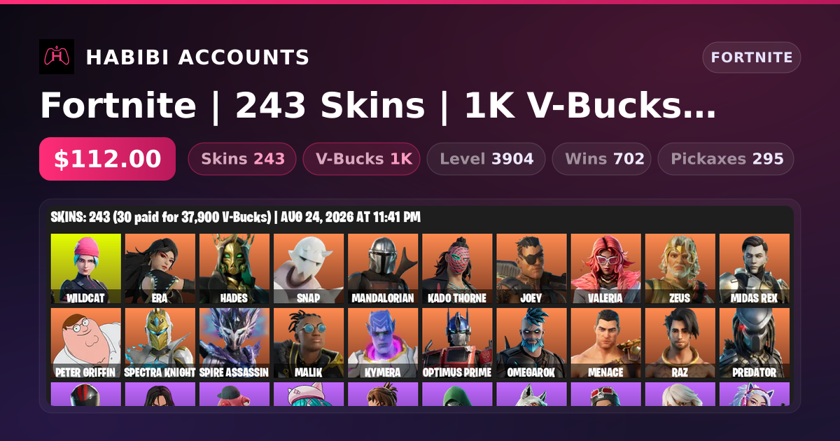 Fortnite | 243 Skins | 1K V-Bucks | Level 3904 | 702 Wins — HabibiAccounts