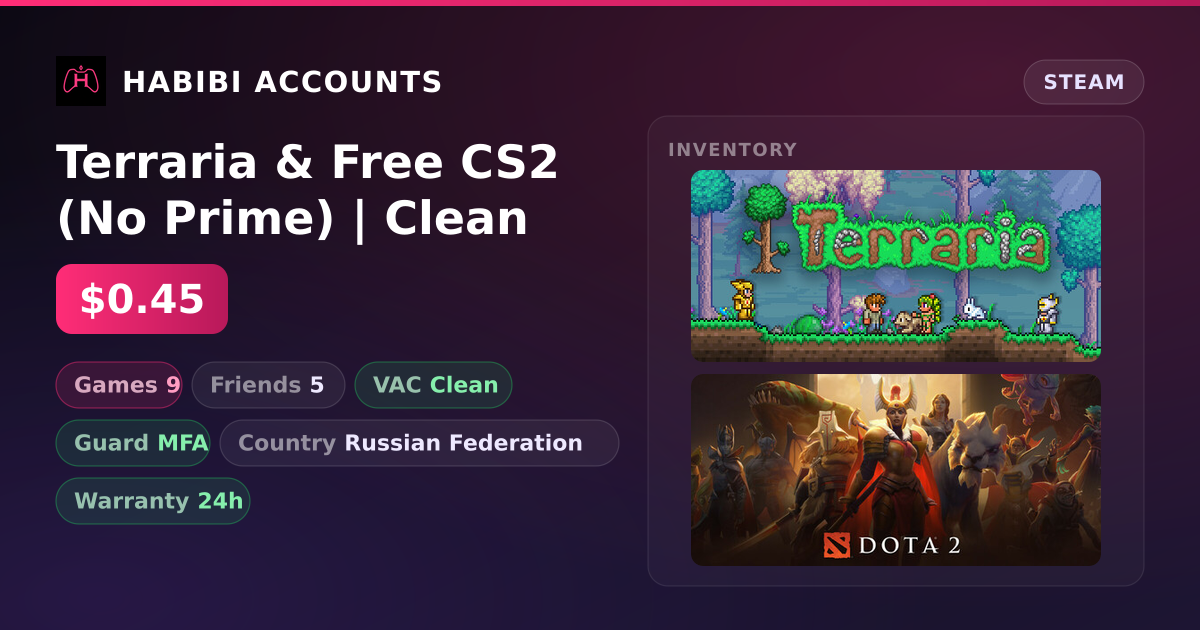 Terraria & Free CS2 (No Prime) | Clean — HabibiAccounts