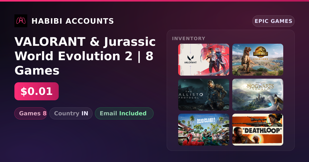 VALORANT & Jurassic World Evolution 2 | 8 Games — HabibiAccounts
