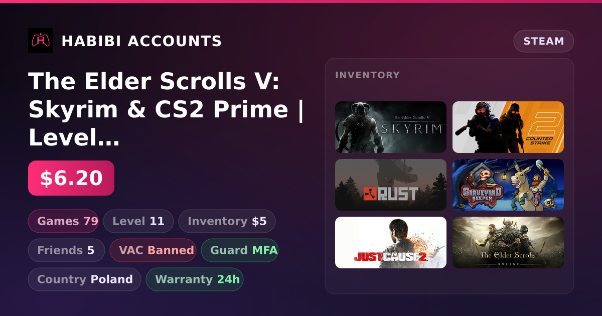 The Elder Scrolls V: Skyrim & CS2 Prime | Level 11 | 79 Games | Has VAC — HabibiAccounts