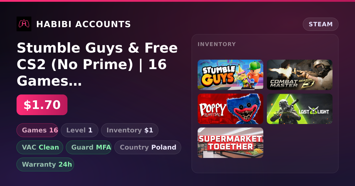 Stumble Guys & Free CS2 (No Prime) | 16 Games | Clean