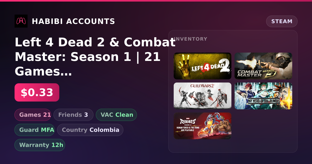 Left 4 Dead 2 & Combat Master: Season 1 | 21 Games | Clean — HabibiAccounts