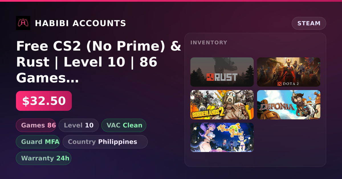 Free CS2 (No Prime) & Rust | Level 10 | 86 Games | Clean — HabibiAccounts