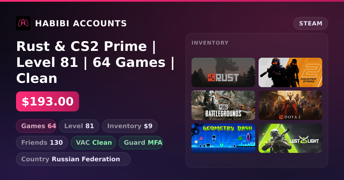 Rust & CS2 Prime | Level 81 | 64 Games | Clean