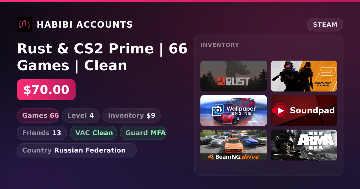 Rust & CS2 Prime | 66 Games | Clean — HabibiAccounts