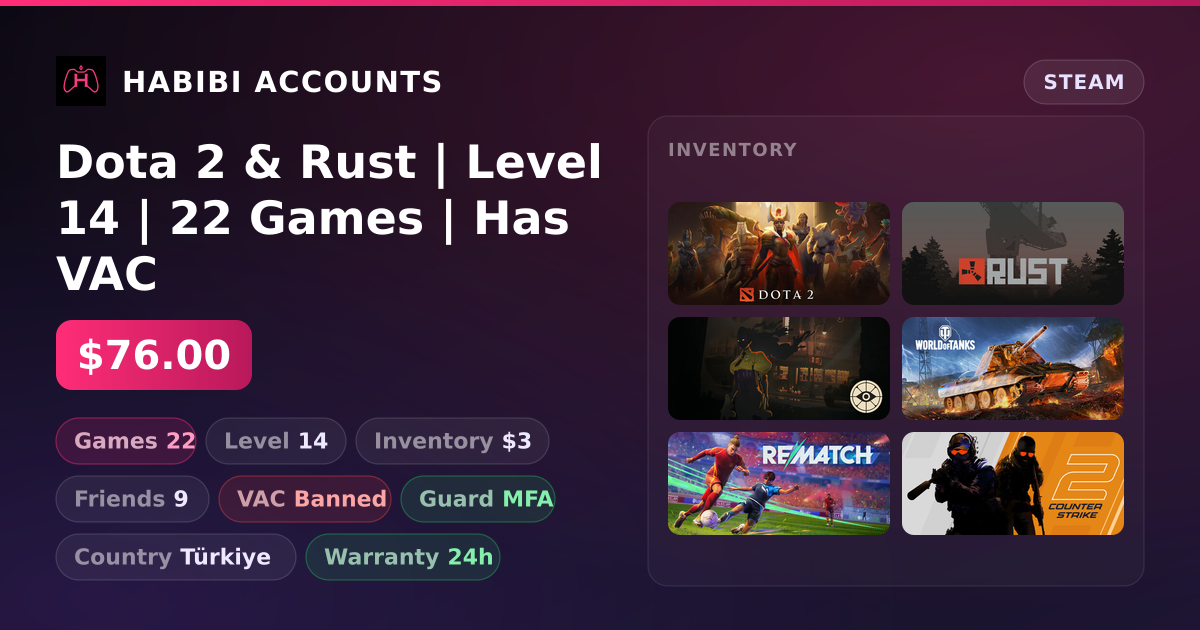 Dota 2 & Rust | Level 14 | 22 Games | Has VAC — HabibiAccounts