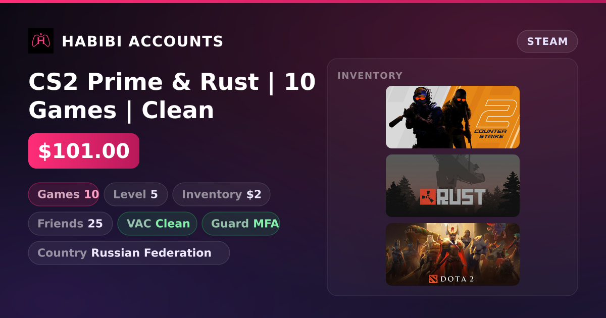 CS2 Prime & Rust | 10 Games | Clean — HabibiAccounts