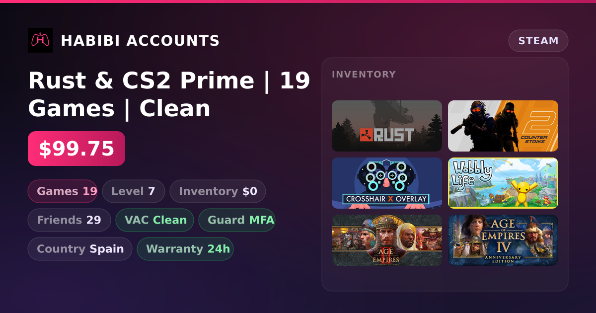 Rust & CS2 Prime | 19 Games | Clean — HabibiAccounts