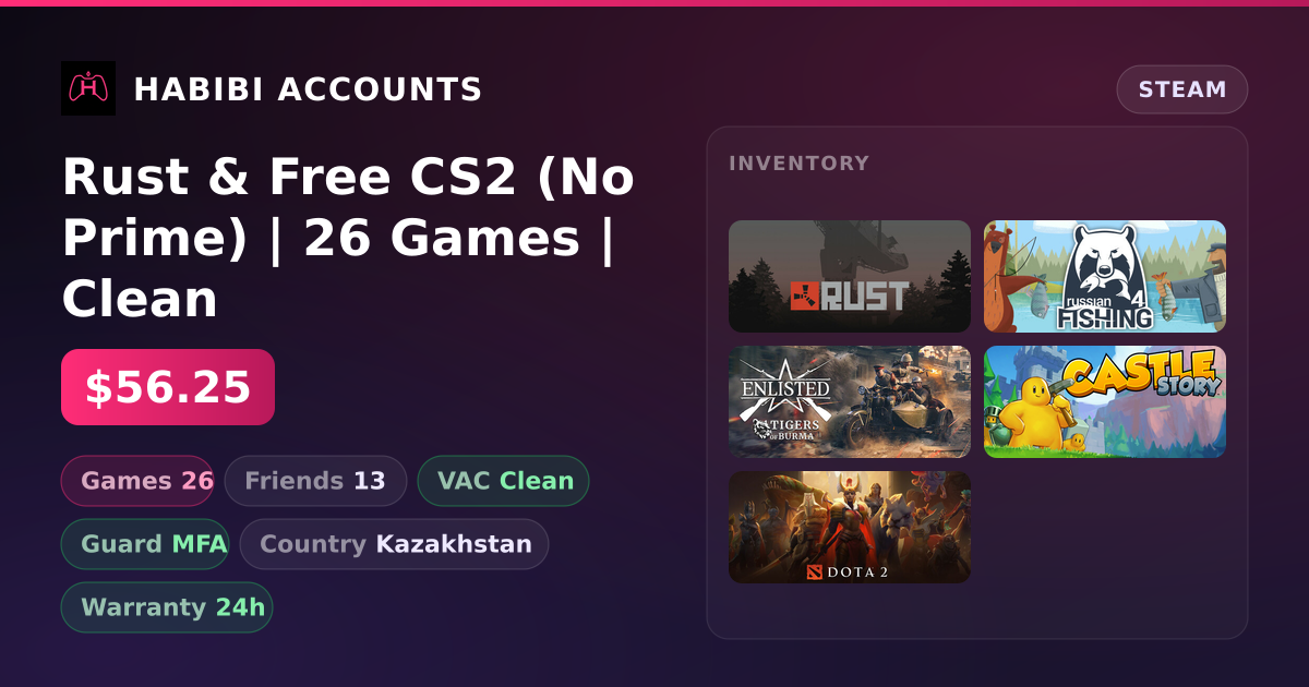 Rust & Free CS2 (No Prime) | 26 Games | Clean — HabibiAccounts