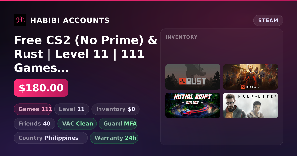 Free CS2 (No Prime) & Rust | Level 11 | 111 Games | Clean