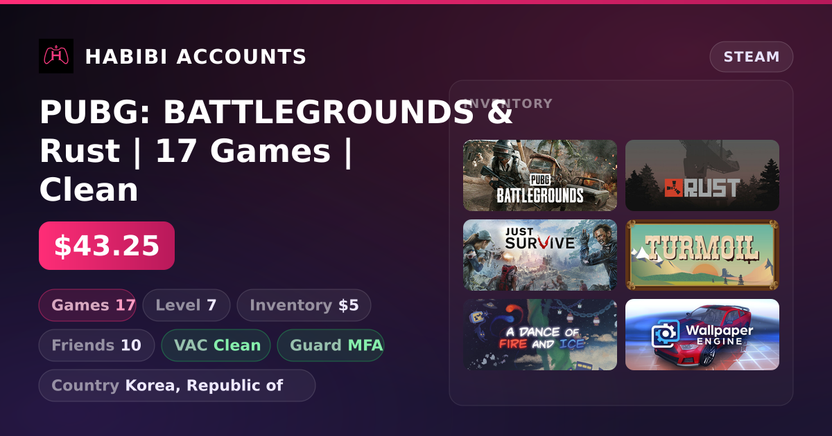 PUBG: BATTLEGROUNDS & Rust | 17 Games | Clean — HabibiAccounts