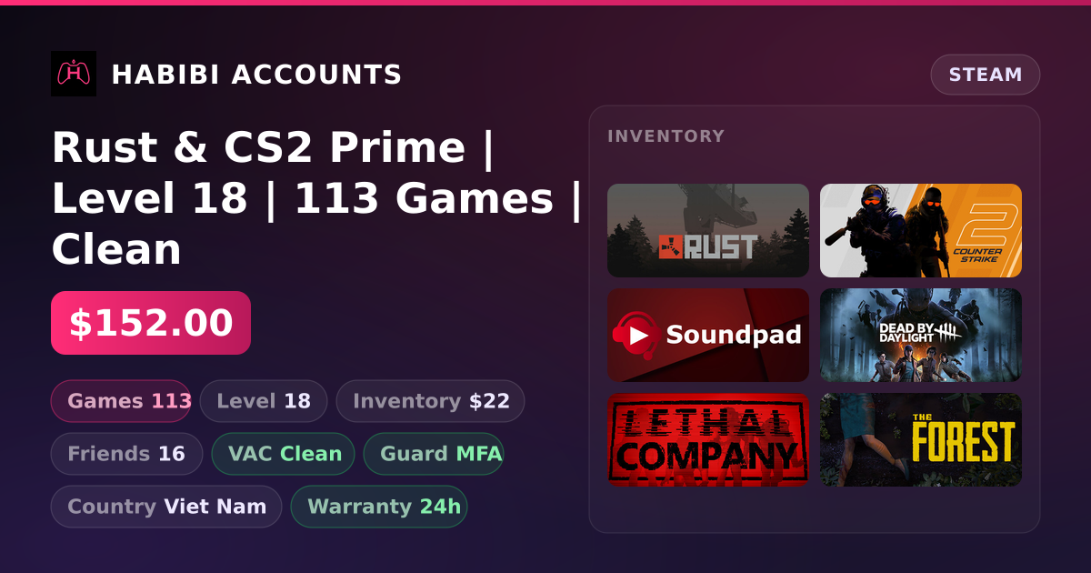 Rust & CS2 Prime | Level 18 | 113 Games | Clean — HabibiAccounts
