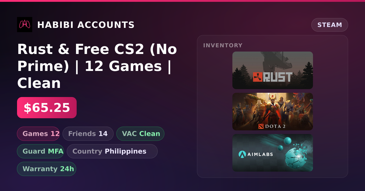 Rust & Free CS2 (No Prime) | 12 Games | Clean — HabibiAccounts