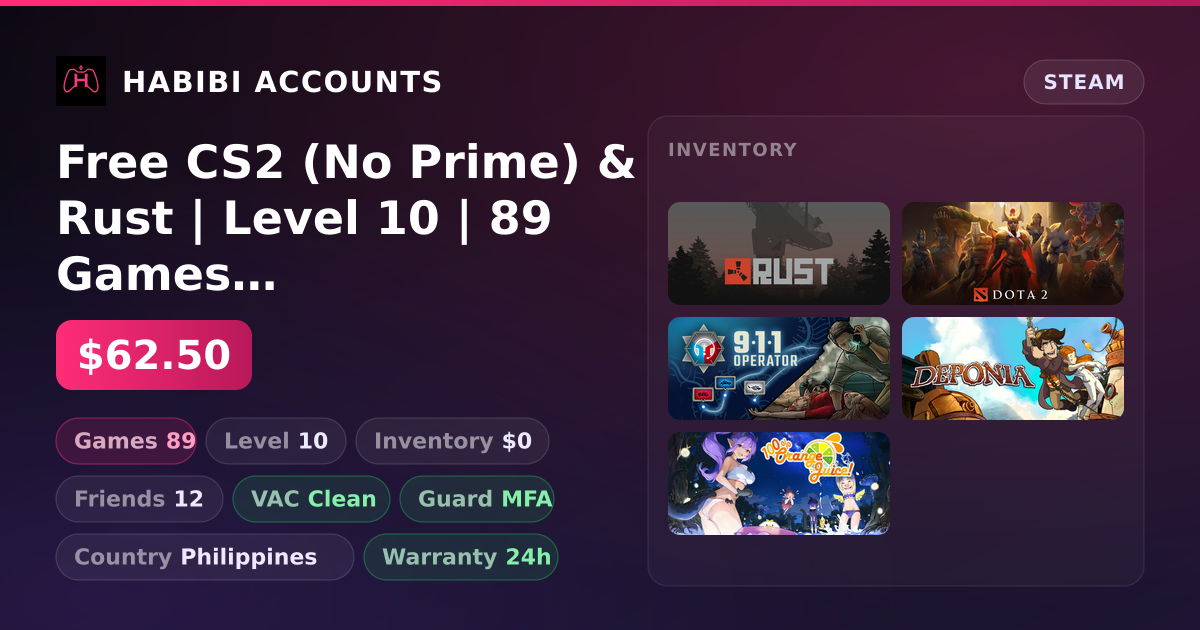 Free CS2 (No Prime) & Rust | Level 10 | 89 Games | Clean — HabibiAccounts