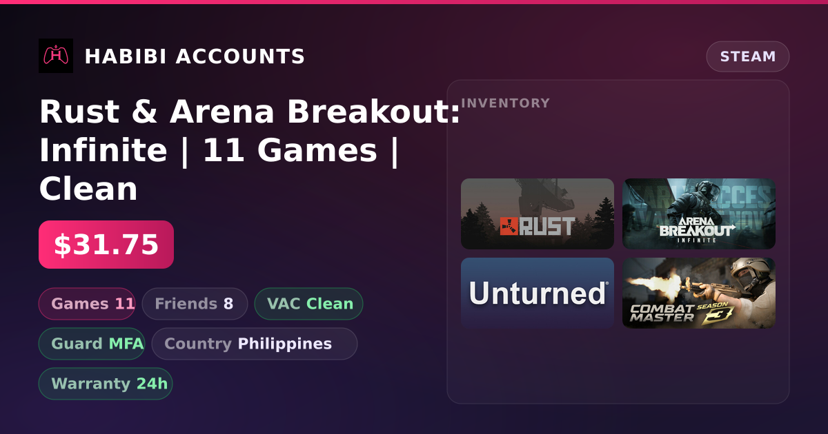 Rust & Arena Breakout: Infinite | 11 Games | Clean — HabibiAccounts