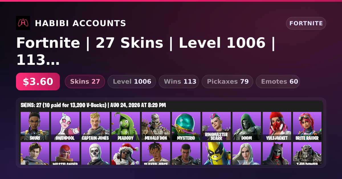 Fortnite | 27 Skins | Level 1006 | 113 Wins — HabibiAccounts